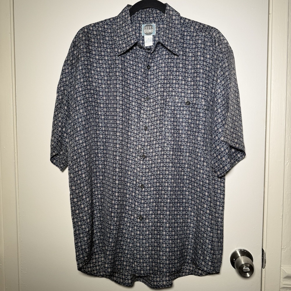 Silk Uomo Burton Up Men's Short Sleeve Shirt Blue Print Medium
